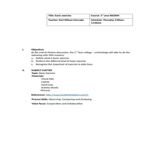 lesson plan Physical Education Exercises