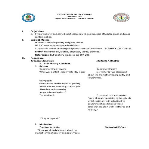 Lesson plan grade 10 cookery detailed | DOCX