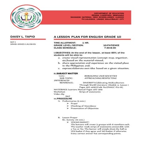 Lesson plan for english grade 10