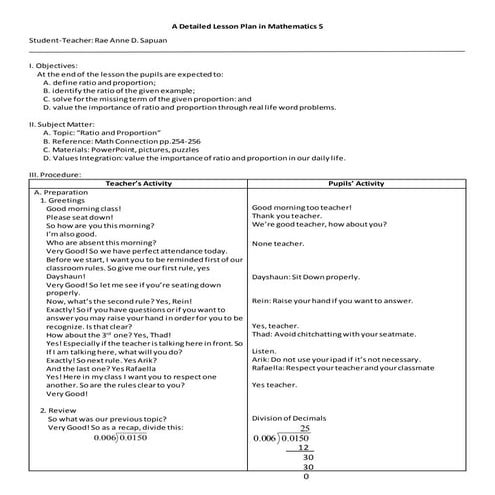 Ratio and Proportion Lesson Plan for Grade 5