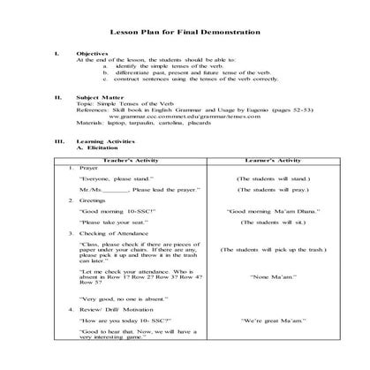 Grade 10 Lesson Plan: Simple Tenses of the Verb