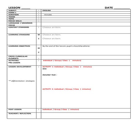 Lesson plan form 1 with dropdown (new) (3) | PDF