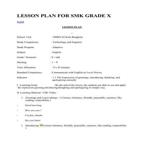 Lesson plan for smk grade x