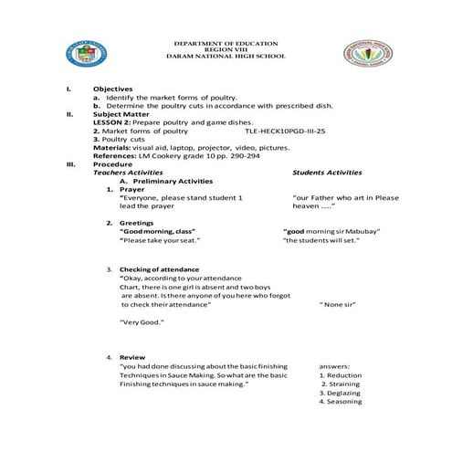Lesson plan grade 10 cookery detailed