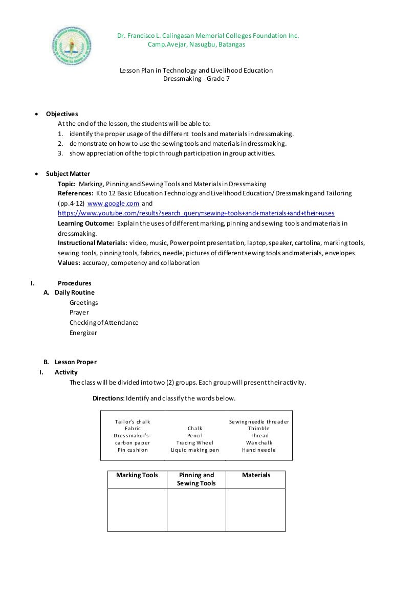 semi detailed lesson plan in grade 7 dressmaking tools and lesson plan for may