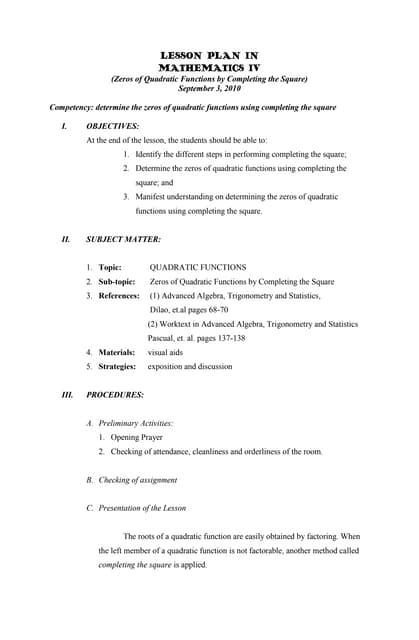 Lesson plan in mathematics iv