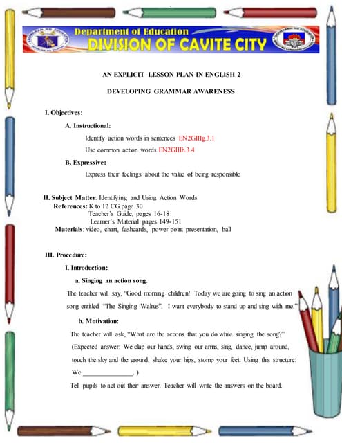 Detailed Lesson Plan in English 2 (Verbs) | DOCX