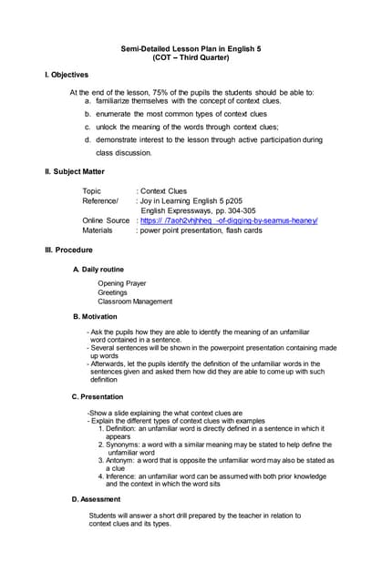 LESSON PLAN FOR ENGLISH 4 ELEMENTARY docx