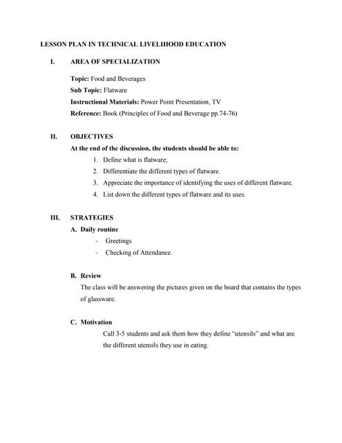 Lesson Plan in Technical Livelihood Education (TLE) Lesson Plan in Technical Livelihood Education (TLE)