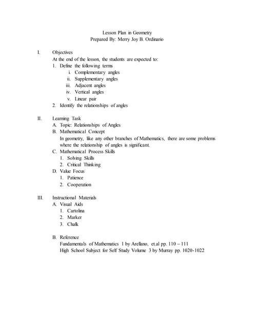 Lesson plan in geometry (relationships of angles)