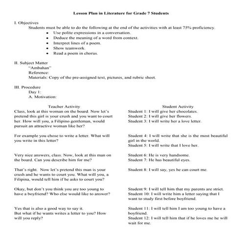 Detailed: Lesson plan in literature for grade 7 students