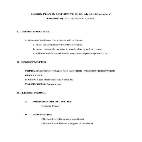 Lesson plan in math  (scientific notation)