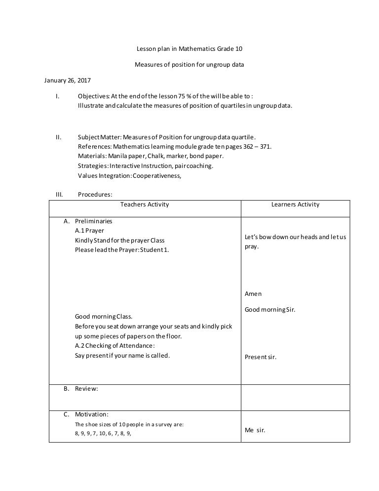 Lesson Plan In Mathematics Grade 10 Lesson Plan In Mathematics Grade 10
