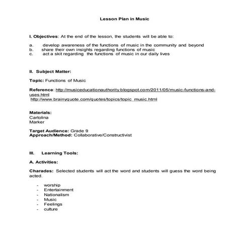 Lesson plan in Music