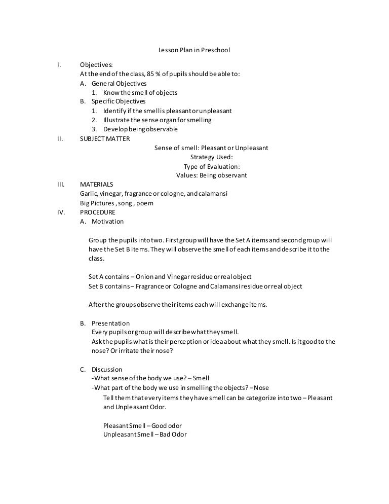 Lesson plan in preschool sense of smell