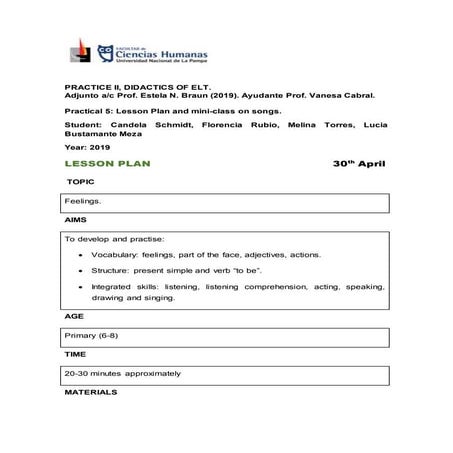 Lesson Plan and mini-class on songs