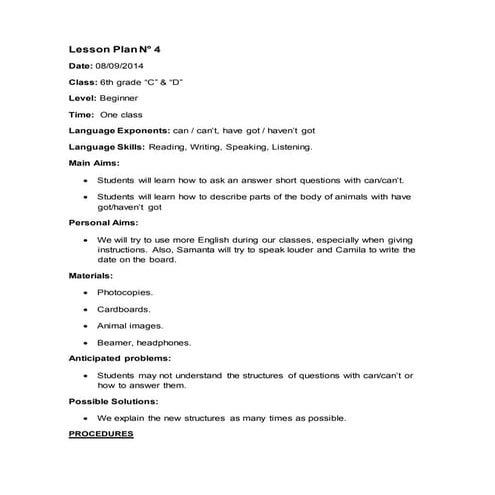 Lesson plan n° 4 roldán, otamendi gomez | PDF