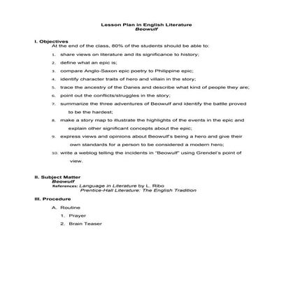 Lesson Plan On Beowulf