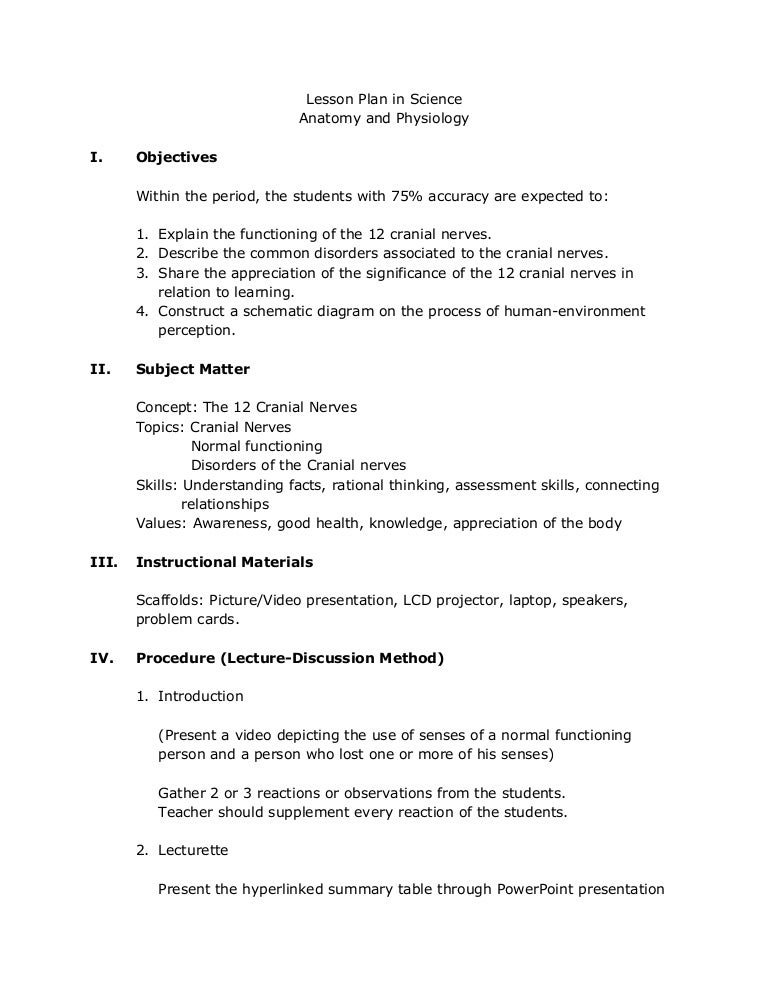 Lesson plan on the 12 cranial nerves