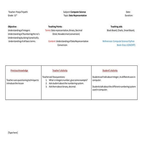 Lesson plan on data representation