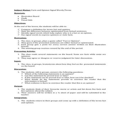Lesson plan on opinion signal words