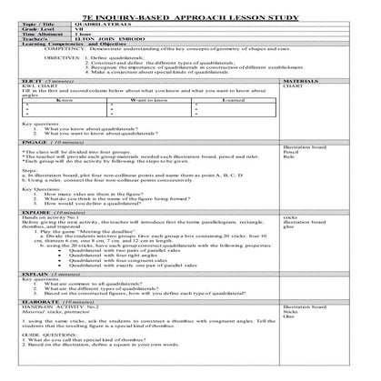Lesson plan on quadrilateral using inquiry based method