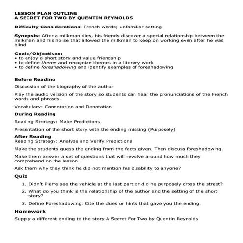 Lesson plan outline-  A Secret For Two- QUENTIN REYNOLDS