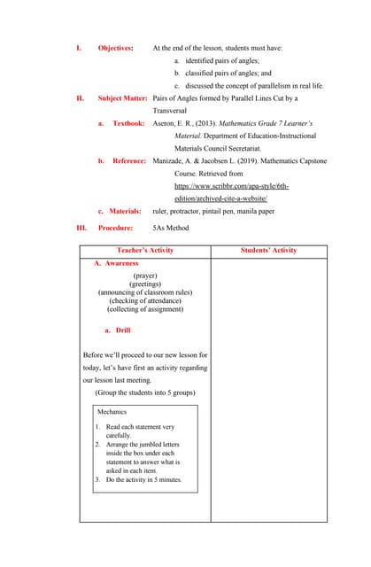5As Lesson Plan on Pairs of Angles Formed by Parallel Lines Cut by a Transversal