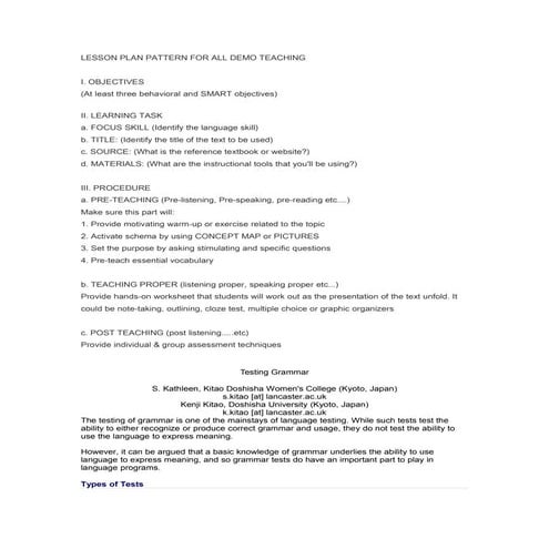 Lesson plan pattern for all demo teaching | DOC