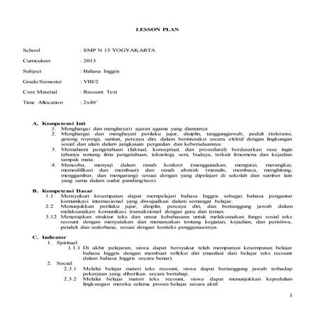 Lesson plan recount text kelas 8 semester 2 kutilas