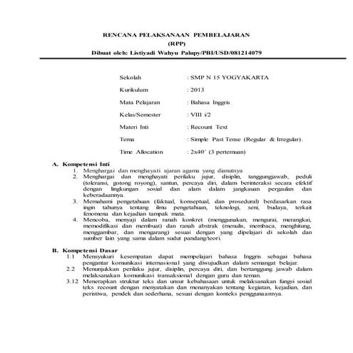 Lesson plan recount text - simple past tense (regular & irregular) kelas 8 ku...