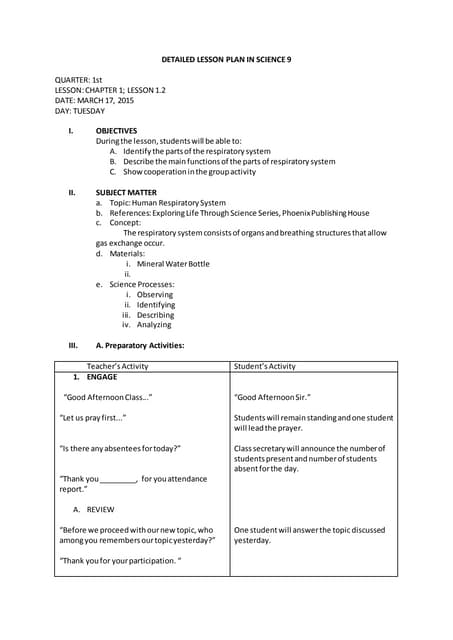 Lesson plan science respiratory system
