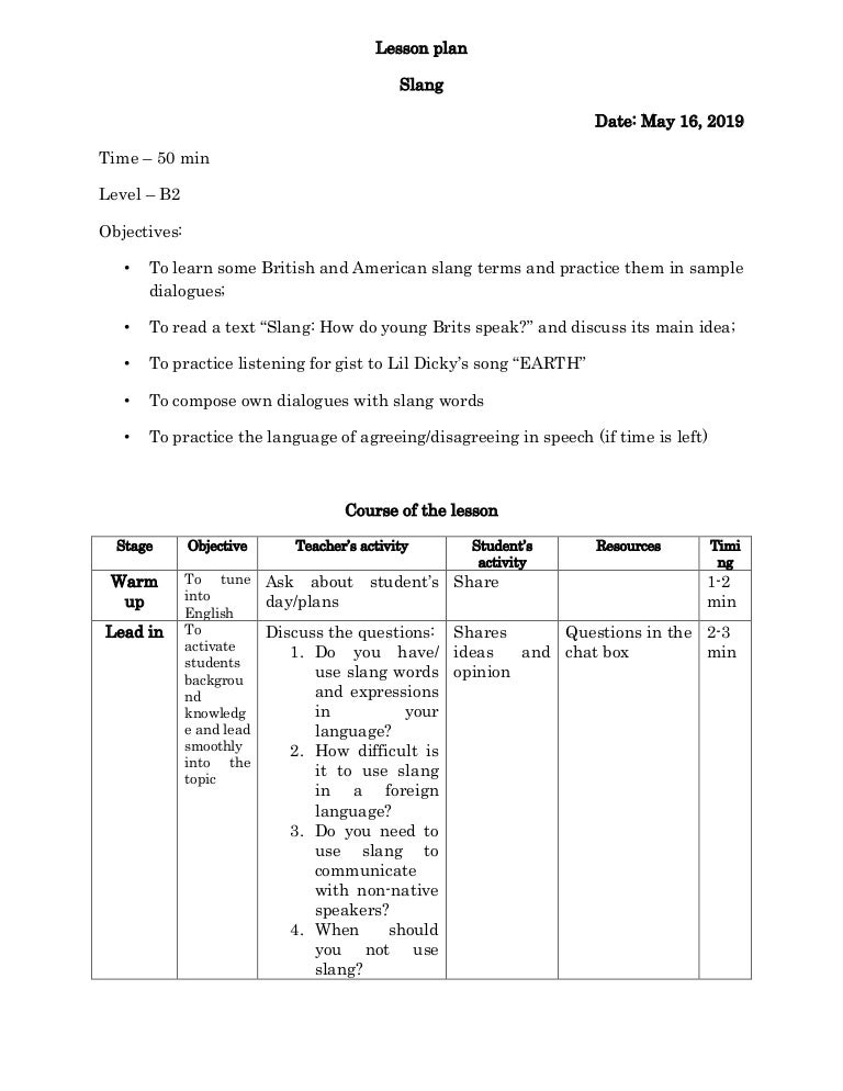 Lesson plan slang