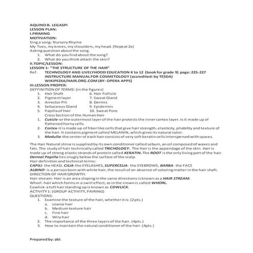 k to 12 tle grade 9 Lesson plan, structure of the hair 