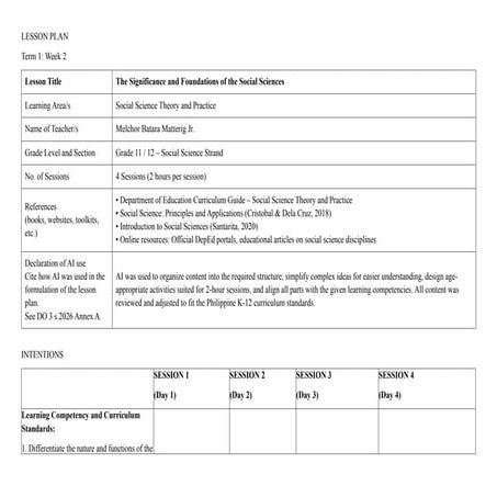 LESSON PLAN Term 1 Week 1 Social Science | DOCX