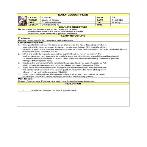 LESSON PLAN WEEK 19 ENGLISH YEAR 2 YEAR 6