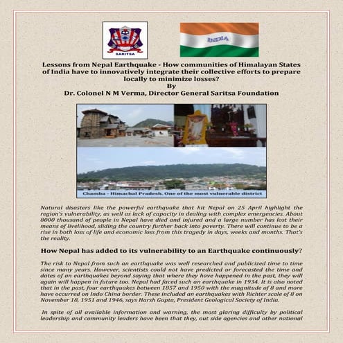 Learning Lessons from Nepal Earthquake. Prepare & Protect Lives.