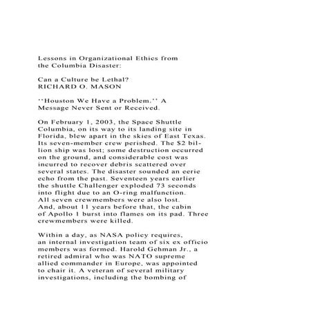 Lessons in Organizational Ethics fromthe Columbia Disaster.docx