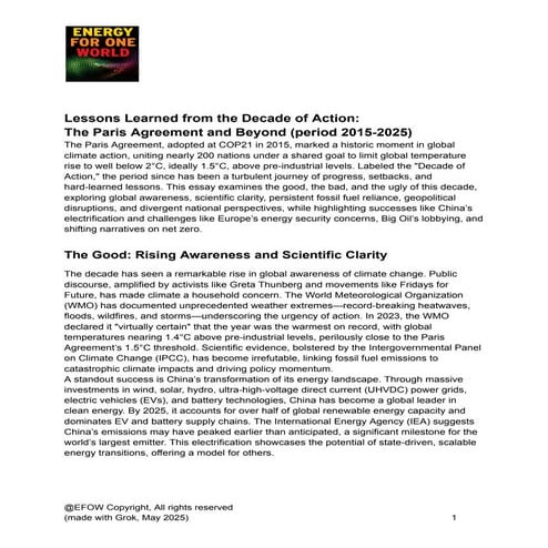 Lessons Learned from the Decade of Action: The Paris Agreement and Beyond (1)...
