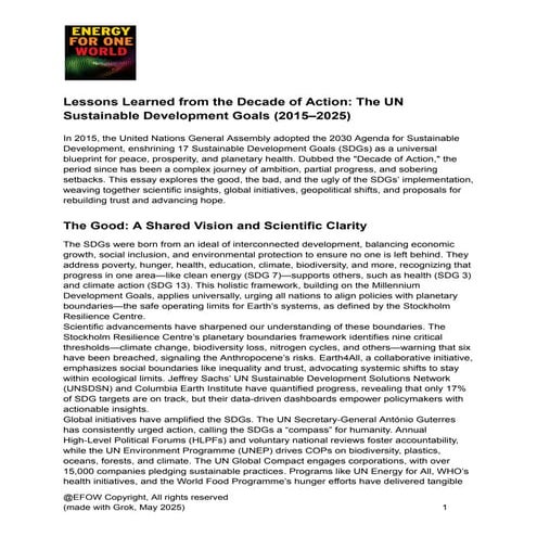 Lessons Learned from the Decade of Action: The UN Sustainable Development Goa...