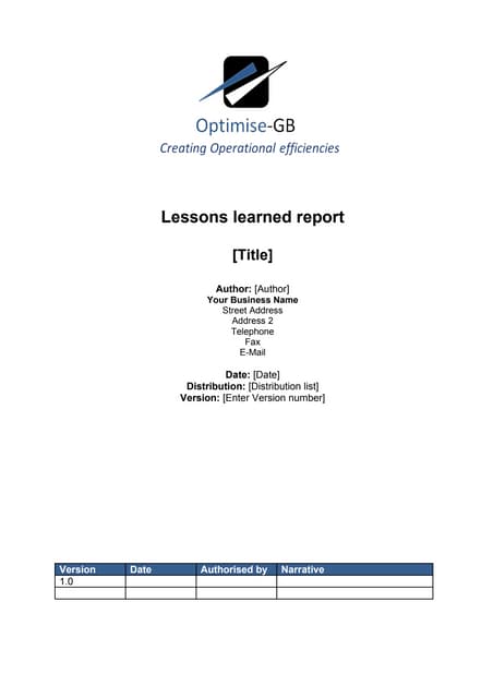 Lessons learned Report - Project Management template 