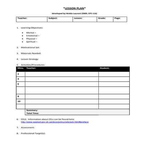 Lesson Template By Walda