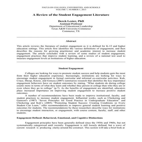 Lester, derek a review of the student engagement literature focus v7 n1 2013