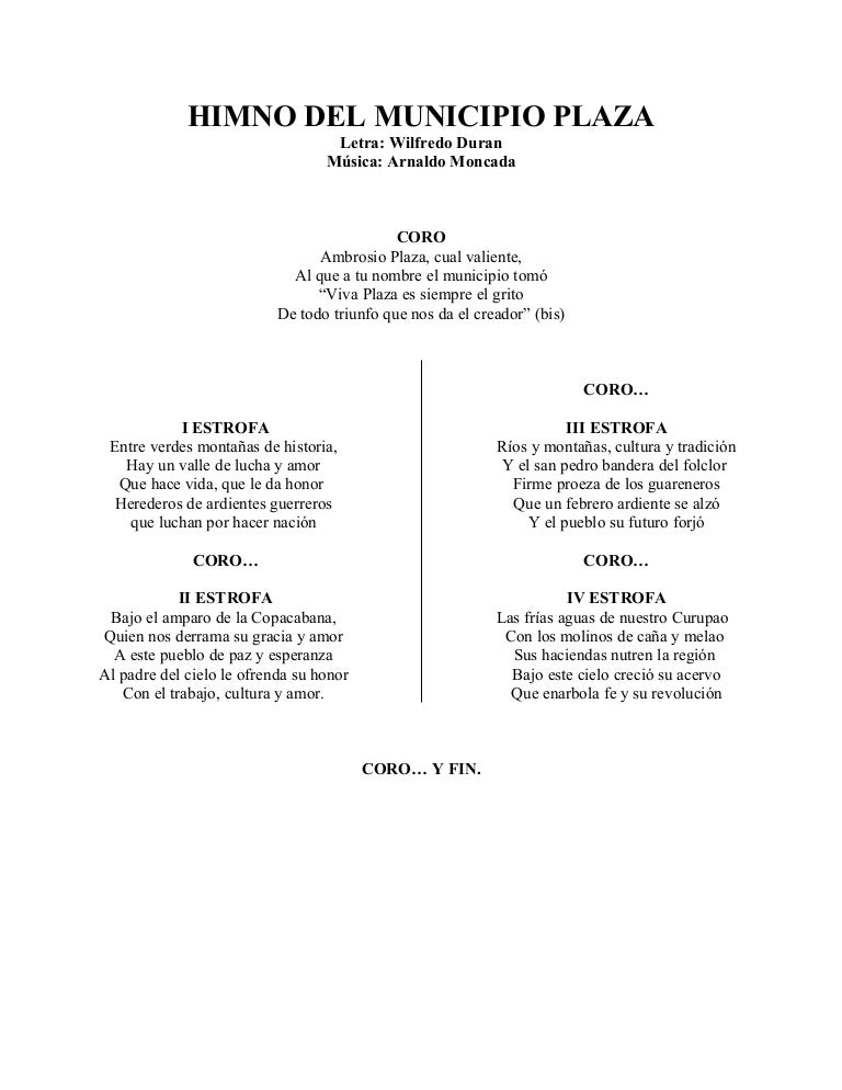 Letra himno del municipio plaza