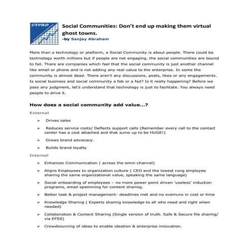 Social Communities: Don’t end up making them virtual ghost towns.