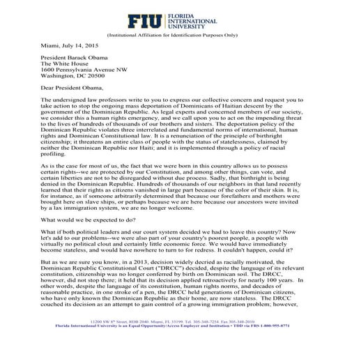 Carta al Presidente Obama del 14 de julio de 2015