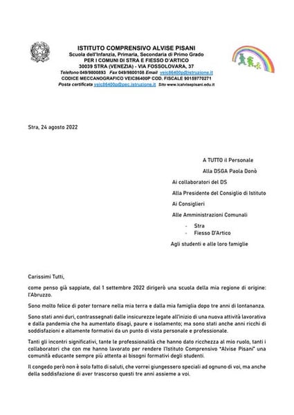 Saluto alle famiglie, ai bambini, al personale della scuola ...