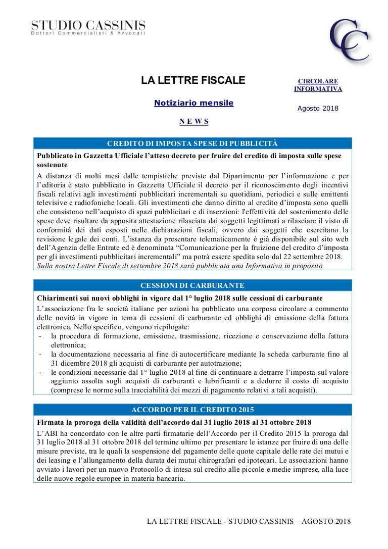 Lettera Fiscale Agosto 2018