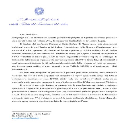 Lettera ministro a toti impianto saliceti  