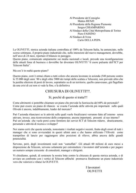 Lettera lavoratori Olivetti a Matteo Renzi
